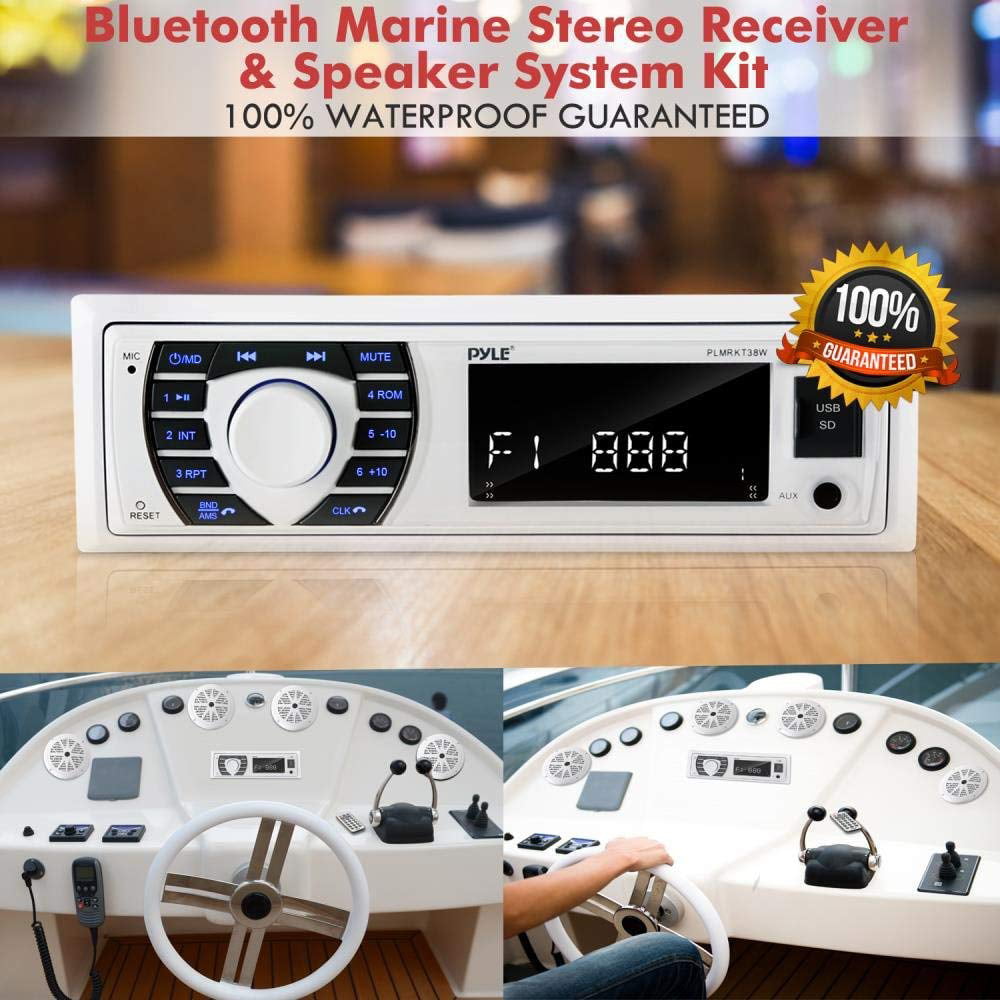 Pyle Marine Radio Receiver Speaker Set 12v Single Din Style Bluetooth Waterproof Digital Boat White