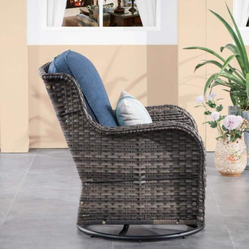 OVIOS Patio Conversation Seating Set w/ Swivel Rocking Chair+Denim Cushion Blue