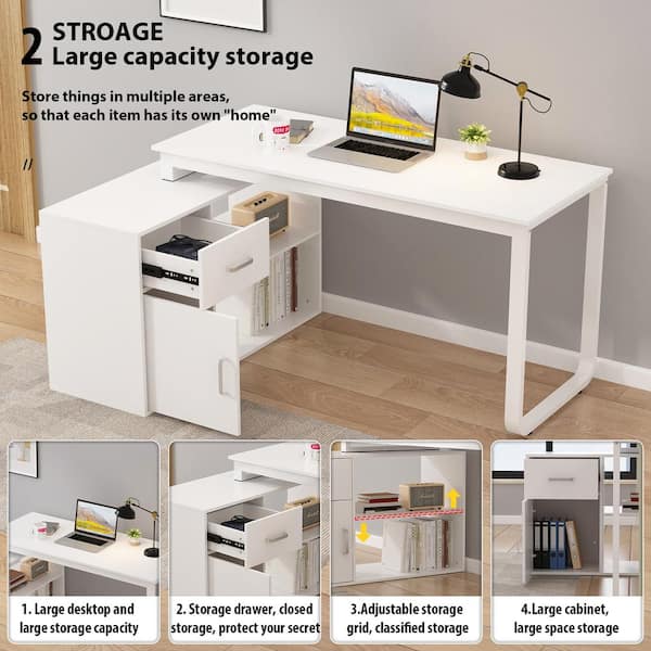 L-Shaped Wooden Writing Desk, White Finish with 1 Drawer, Open Shelves and Eco-Friendly Paint Finish, 55.1 in. W