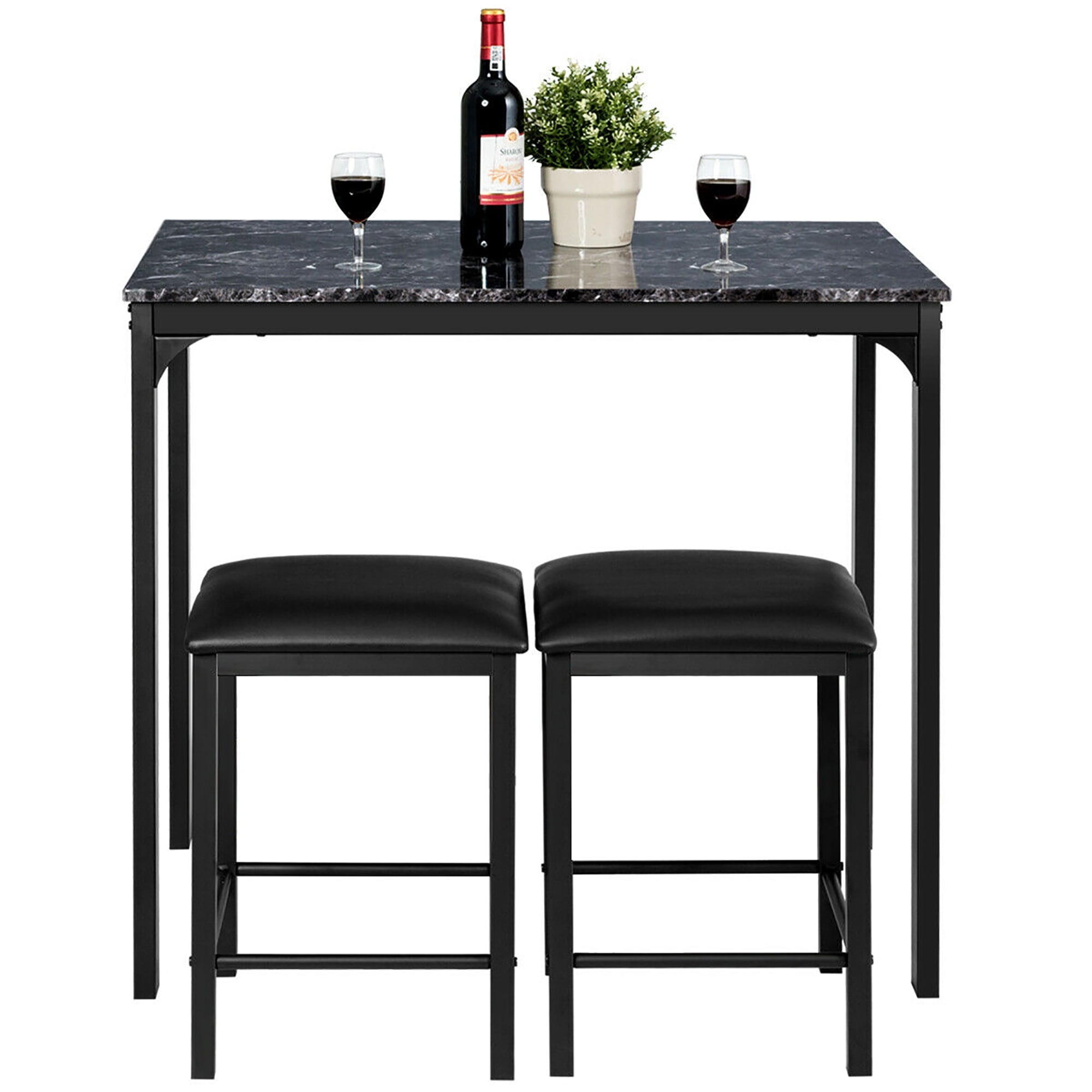 Costway 3 Piece Counter Height Dining Set Faux Marble Table 2 Chairs Kitchen Bar Black