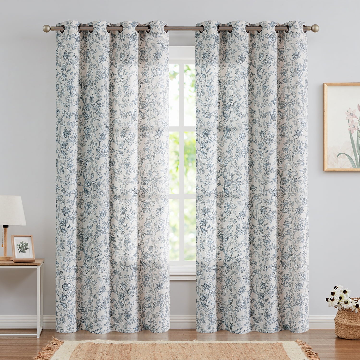 Curtainking Floral Curtains Linen Farmhouse Curtains for Living Room 96 inch Country Curtains Grommet Top Semi Sheer Curtains Light Filtering 2 Panels Blue on Beige