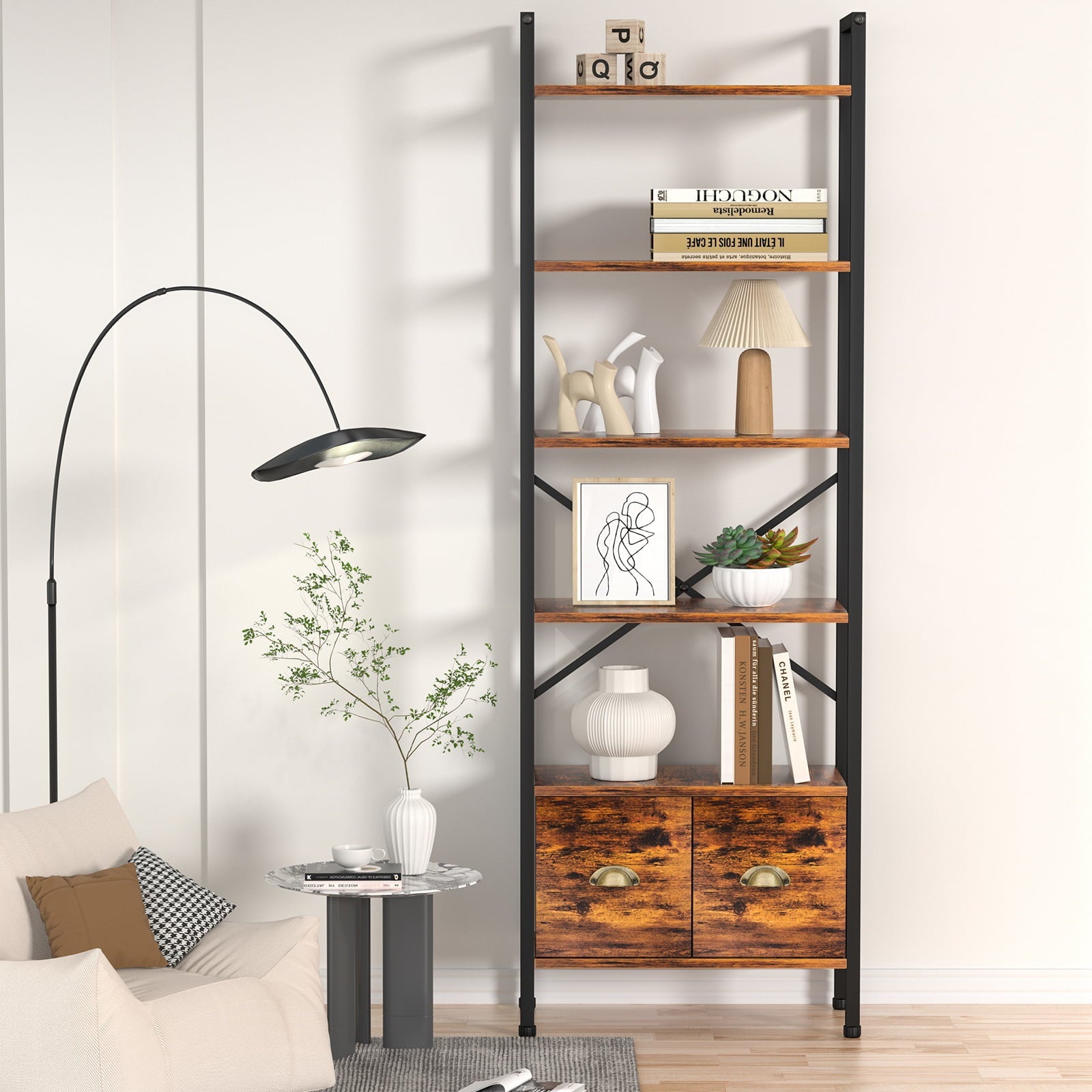 BEHOST 6 Shelf Bookcase, 70in Tall Bookshelf with 2 Drawers, set of 1, Rustic Brown