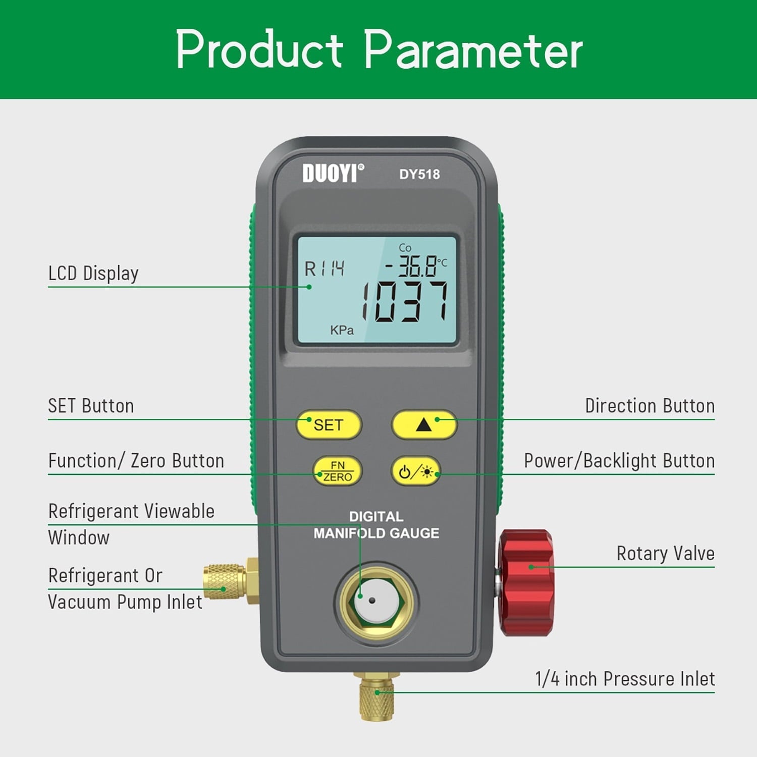 Refrigeration Digital Manifold Gauge, HVAC Vacuum Pressure Gauge, Air Conditioning Maintenance Diagnostic Tool, Freon Temperature Tester, R410a R134a Refrigerants Kit, DY518