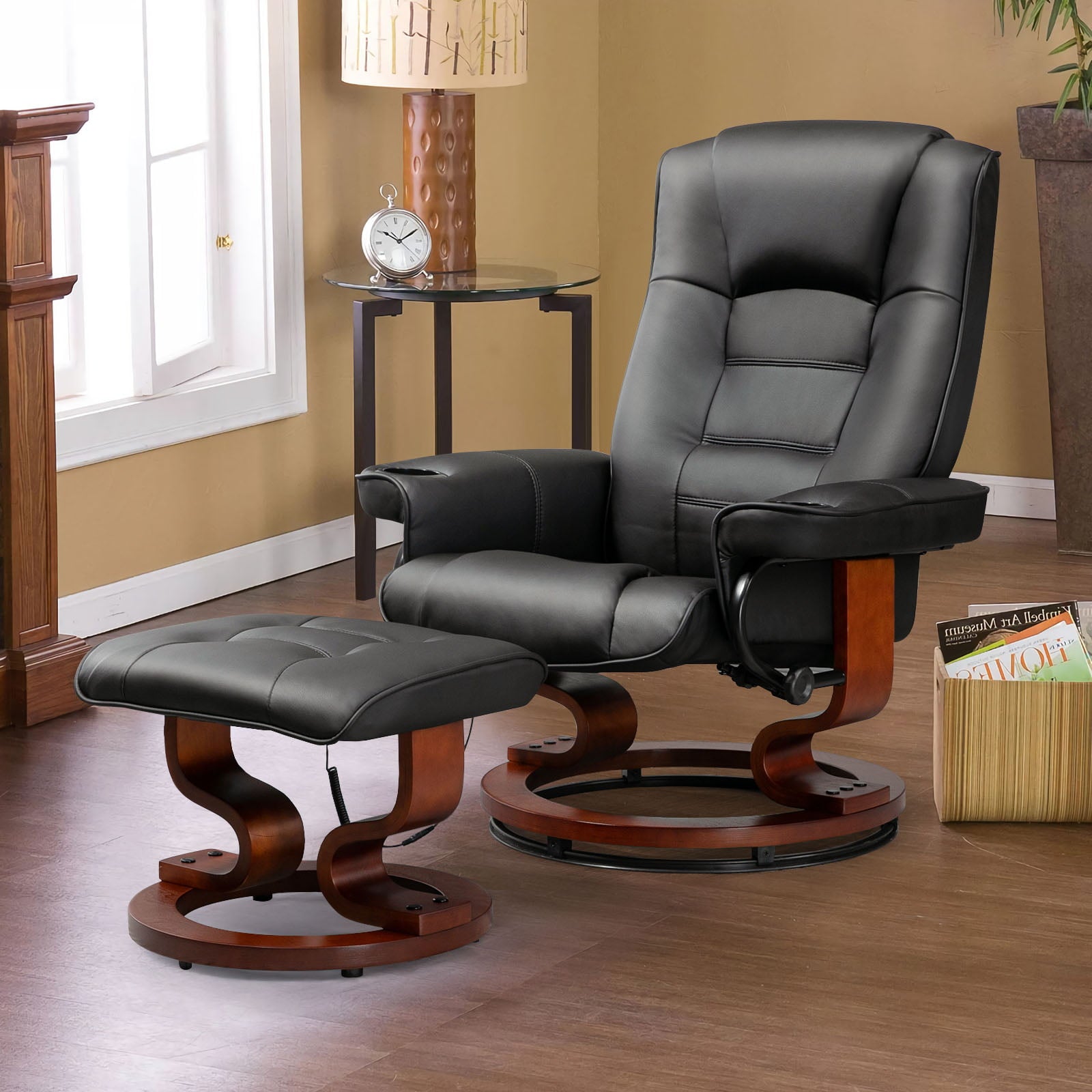 AVAWING Recliner Chair - Vibration Massage, Faux Leather, Ottoman, Swivel - Black