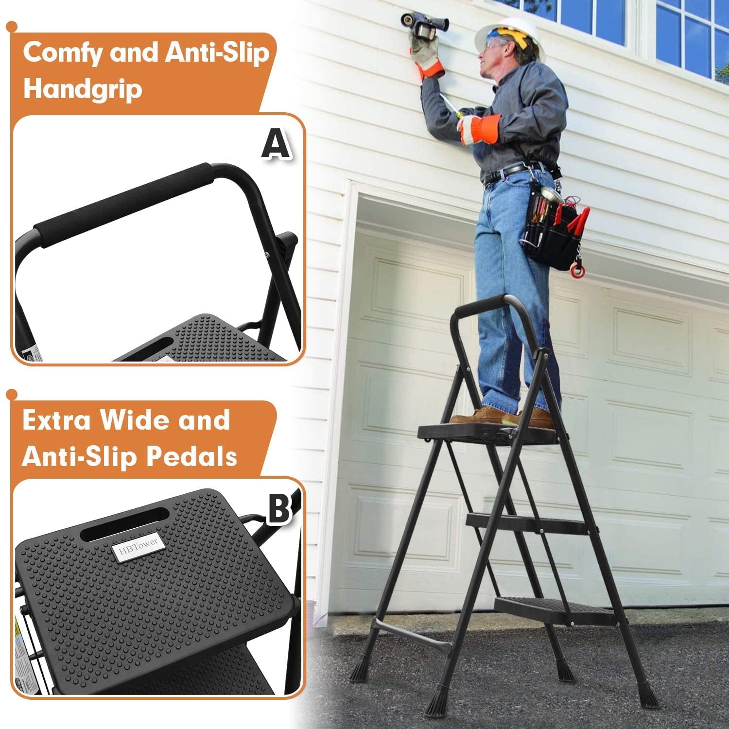 HBTower Folding 3-Step Stool Ladder, 500lbs, with Wide Anti-Slip Pedal and Steel Handgrip, Black