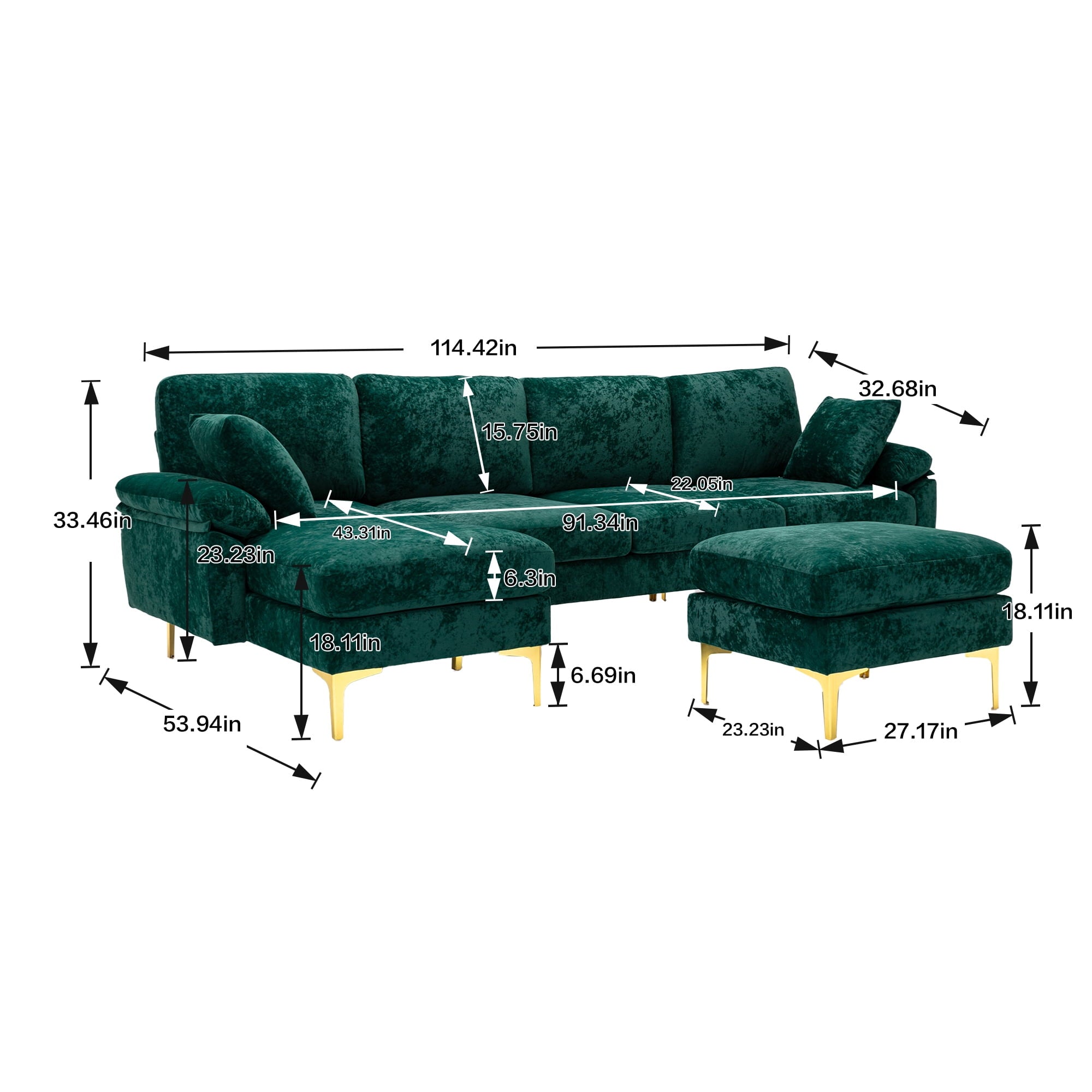 Convertible Sectional Sofa, Modern U-Shape Modular Couch, Living Room Sofa with Ottoman and 2 Small Pillows, Accent Sofa for Large Space, Apartment and Office, Emerald