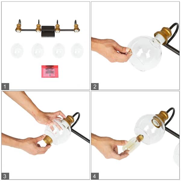 Modern Black Wall Light 29.5 in. 4-Light Bronze and Antique Gold Bathroom Brass Vanity Light with Globe Glass Shades