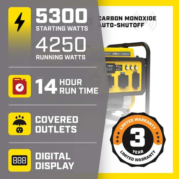 5300/4250-Watt Recoil Start Gasoline and Propane Dual Fuel Powered Portable Generator with CO Shield