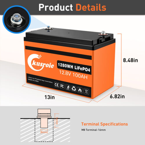 LiFePO4 Lithium Battery 12V 100Ah Deep Cycle w/ BMS for Solar RV Off-grid Golf