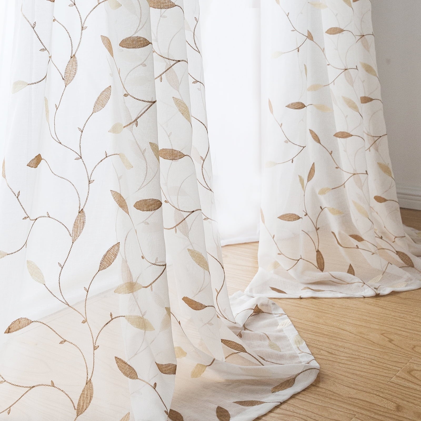 Curtainking Farmhouse Leaf Embroidery Grommet Sheer Curtains, 58