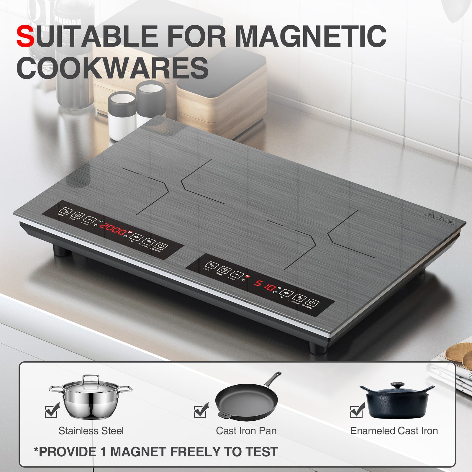 Induction Cooktop, 110V 24 Inch Electric Cooktop LED Touch Screen Burner, Overheat Protection Function Hot Plate, 9 Temperature and Power Safety Lock, Special Design Glass Panel Stove