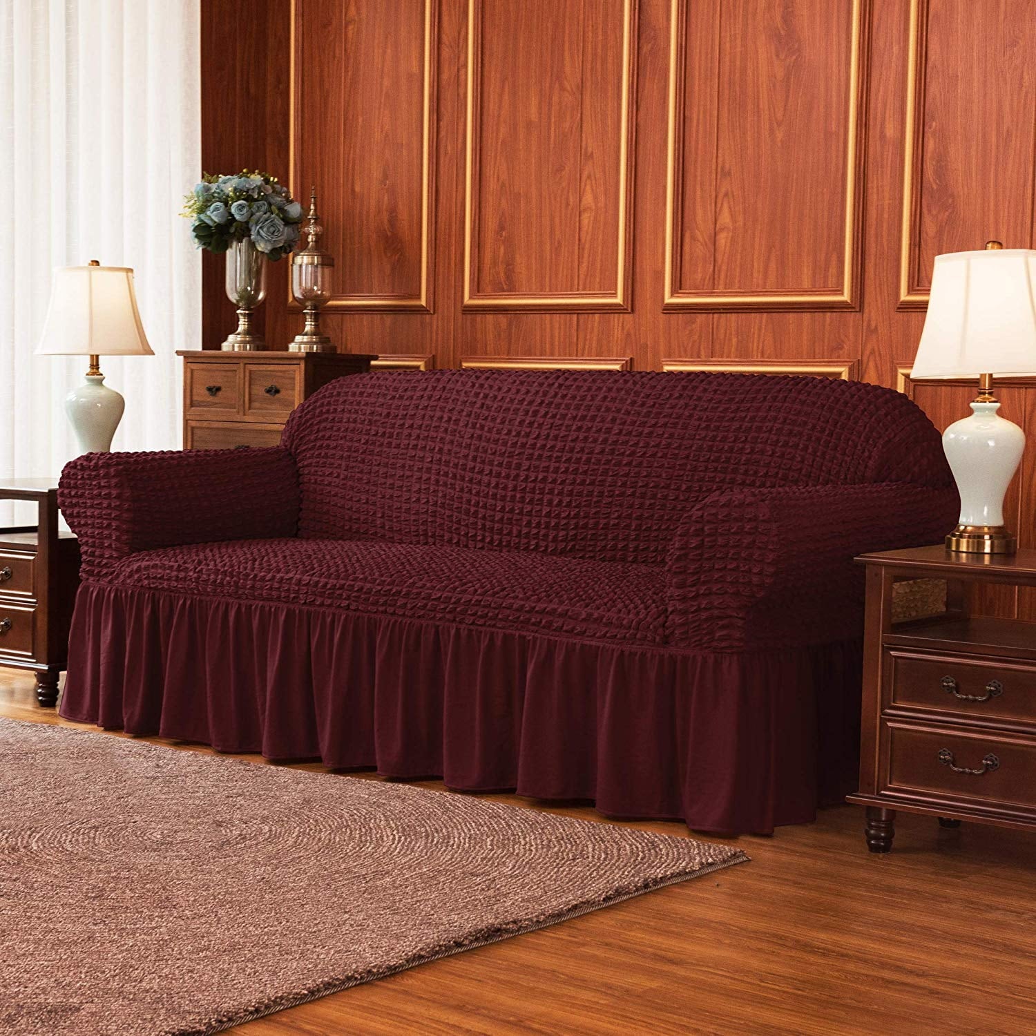 Subrtex Stretch 1-Piece Pleated Ruffled Skirt Sofa Slipcover, Wine