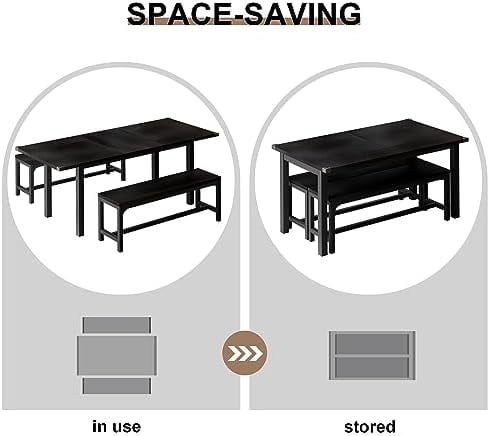 PPDMBIUU 3-Piece Dining Table Set with 2 Benches  Extendable Dining Room Table for 4-8  Kitchen Table Set with Metal Frame & Wooden Board  Easy Clean  Walnut