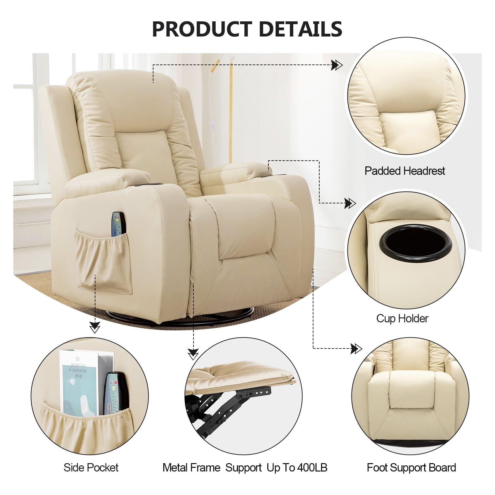 ComHoma Massage Recliner Chair with Heated Massage PU Leather Chair, Cream White