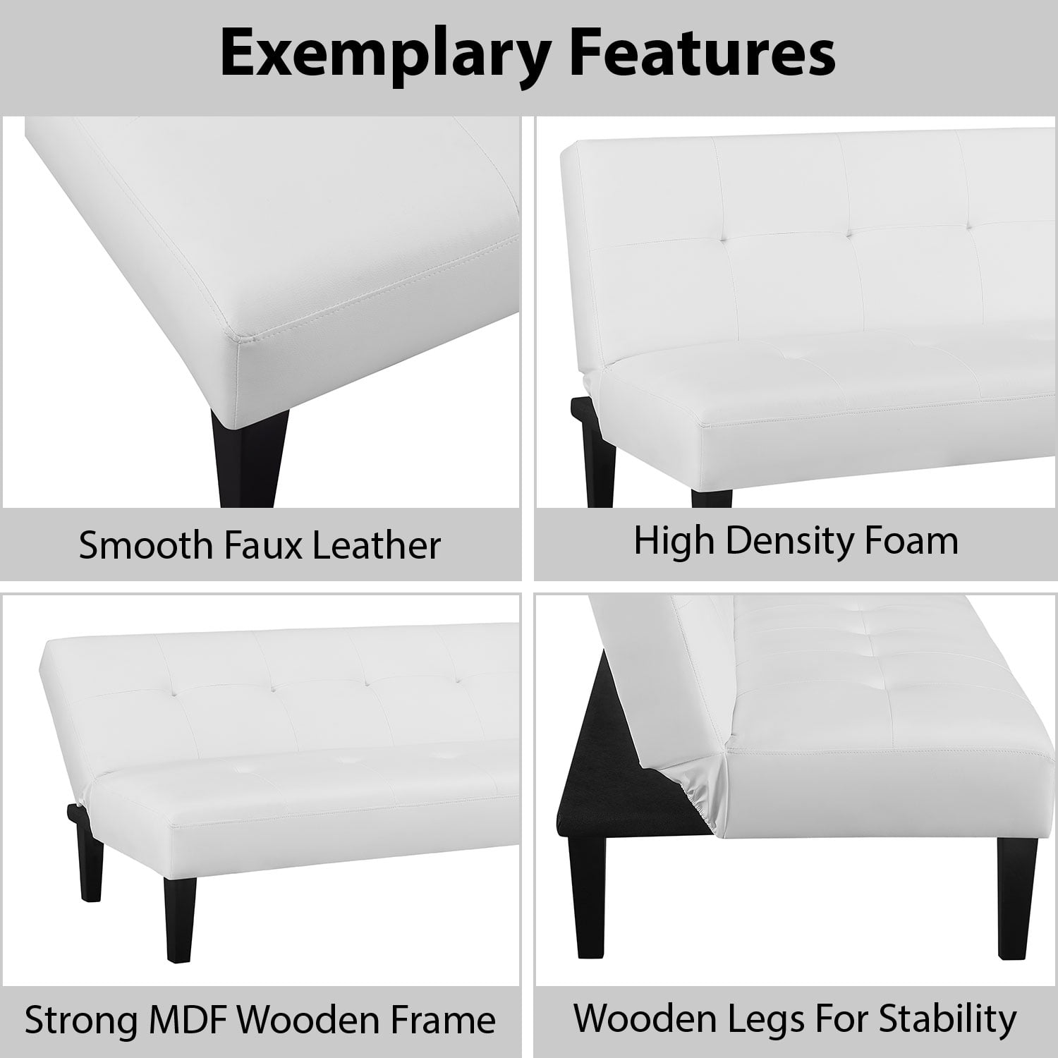 Button Tufted Futon Sofa Bed, Faux Leather Futon Couch, Modern Convertible Folding Sofa Bed Couch with Wooden Legs White