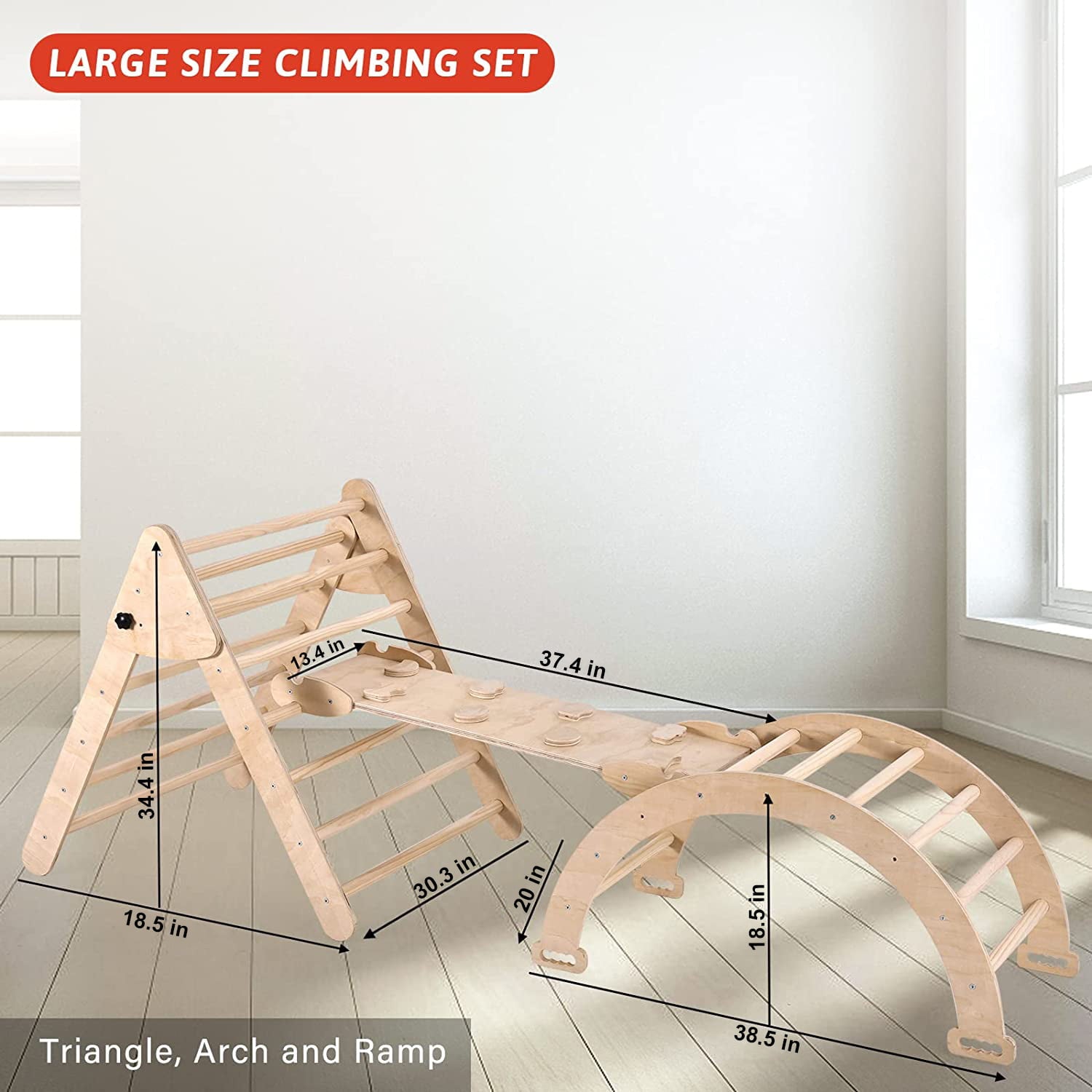 IKER Pikler Triangle Set, 4-in-1 Foldable Triangle Ladder, Montessori Climbing Toys, Rock Climbing Ramp, Set Arch Climber, Rocker, Indoor Outdoor Playground Climbing Toys for Toddlers (Natural)