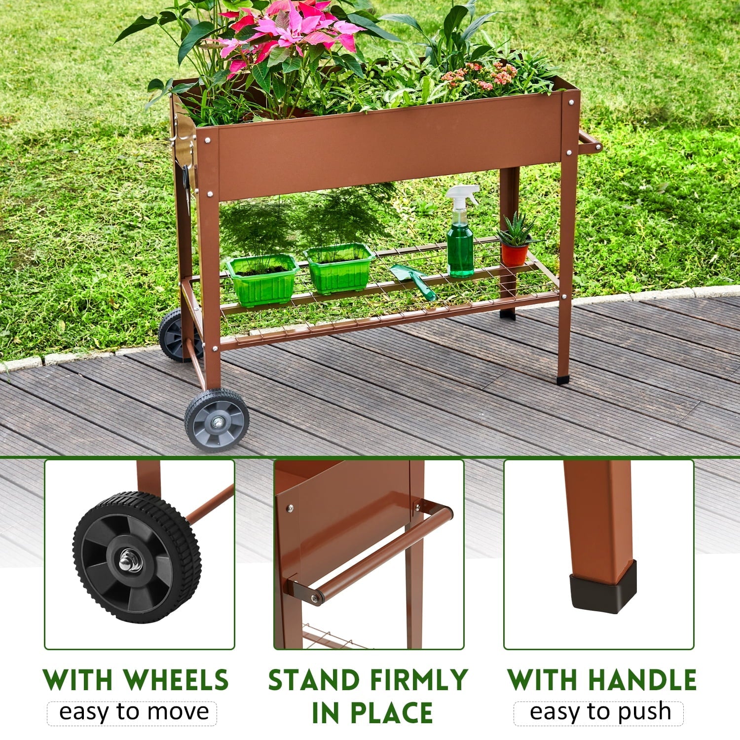 EXCITED WORK Brown Mobile Metal Raised Garden Bed, Outdoor/Indoor Garden Pots with Handles, Wheels and Shelves for Vegetables Flowers Fruits Apartment Patio Stand-37.4 inches Long