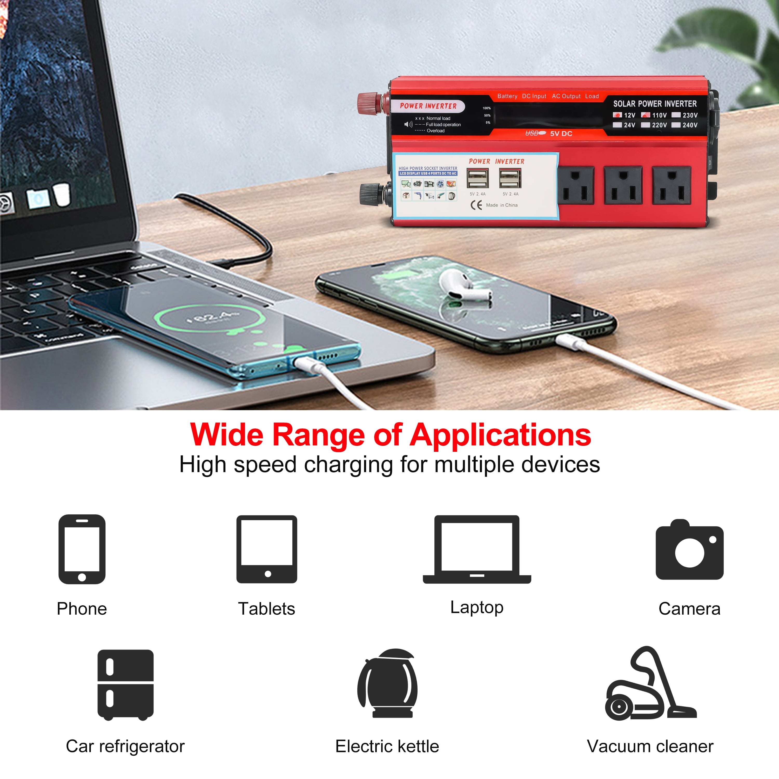 Yyton 1000W Car Power Inverter, Modified Sine Wave Inverter DC 12V to AC 110V AC Converter with LCD Display, 4x2.4A USB Ports Car Charger, 1 Cigarette Lighter Ports