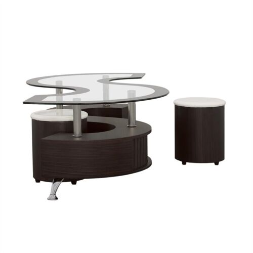 Coaster Buckley 3-Piece Clear Glass Top Coffee Table with Stools in Cappuccino