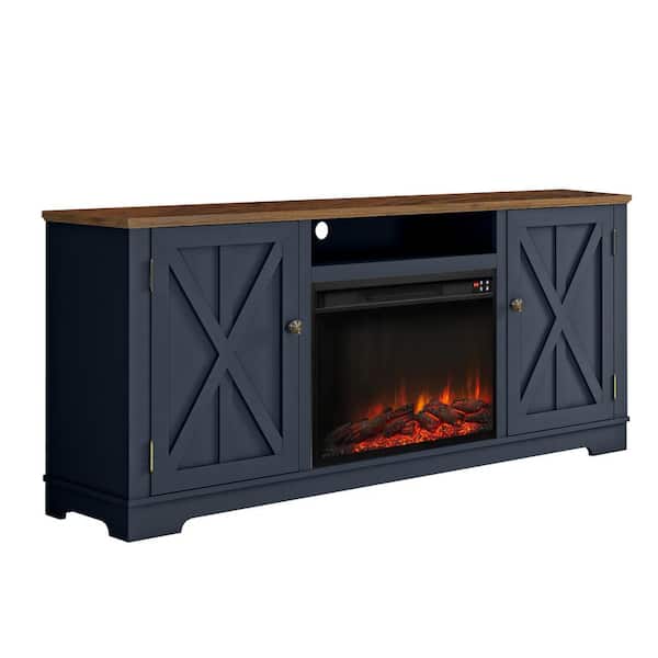 70 in. Farmhouse Wooden TV Stand with Electric Fireplace in Navy for TVs up to 75 in.