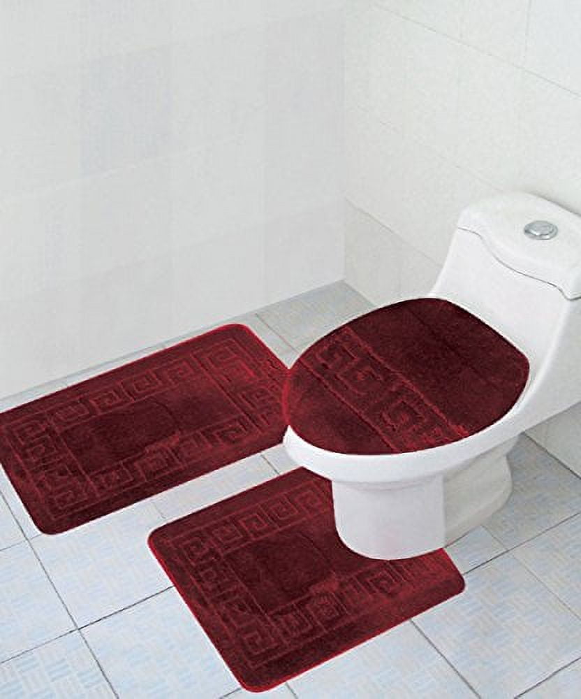 3-Piece Bath Rug Set Pattern Bathroom Rug Set | Rug (50cmx80cm), large Contour Mat (50cmX50cm) with Lid Cover (46cmX48CM) Burgundy