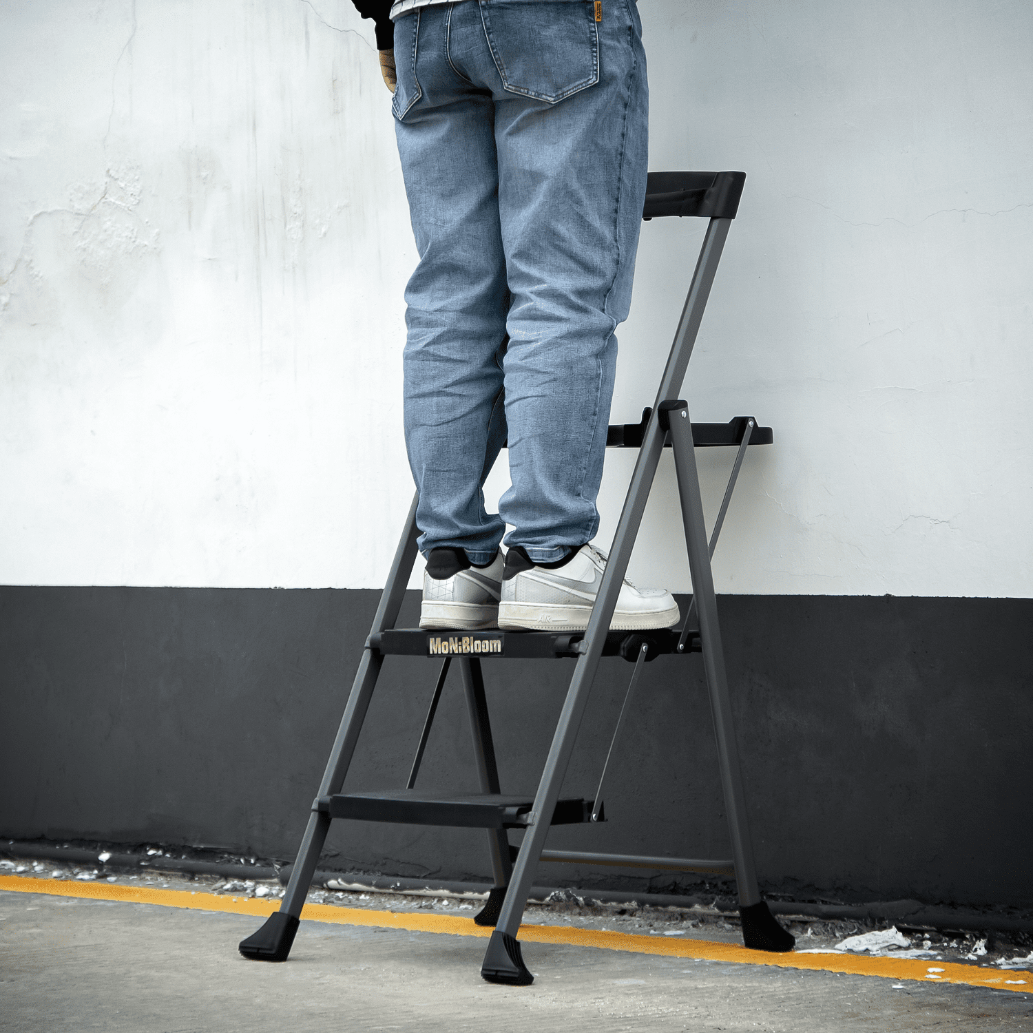 MoNiBloom 2 Step Ladder with Tool Tray, 331 lbs Weight Capacity, Steel Folding Stool With Non-Slip Wide Pedal, Black