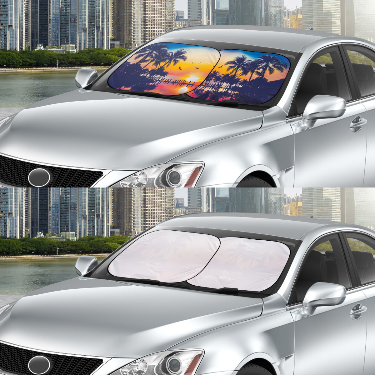 Auto Drive 2 Piece Universal Fit Most Vehicles' Windshield Super Jumbo Tropical Twist Sun Shade, 31.5