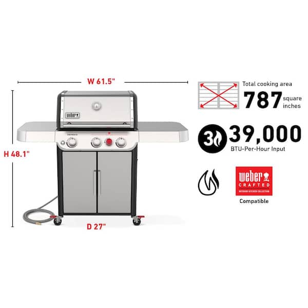 Genesis S-325s 3-Burner Natural Gas Grill in Stainless with Built-In Thermometer