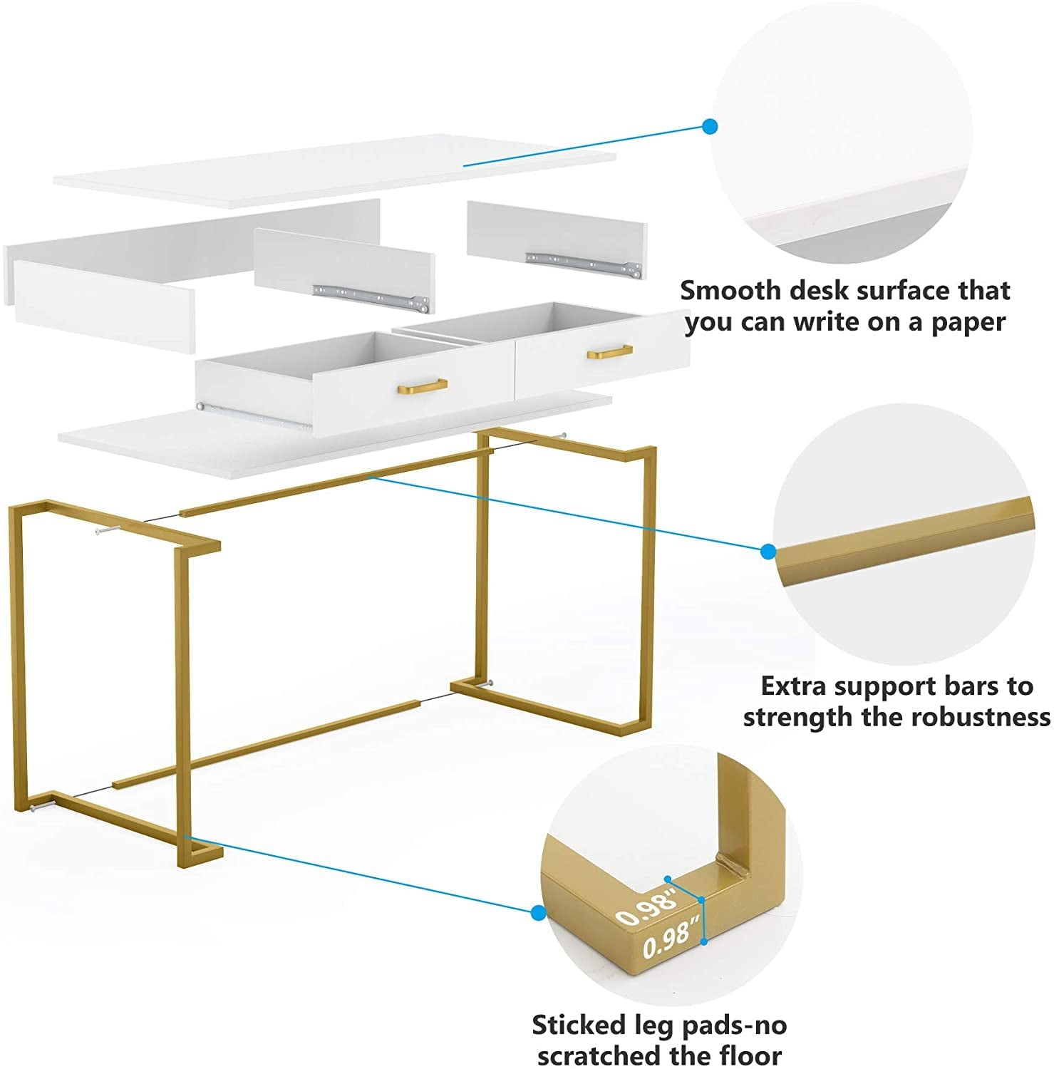 Computer Desk with Drawers, White and Gold Writing Desk with 2 Drawers, Simple and Modern (White, Gold)