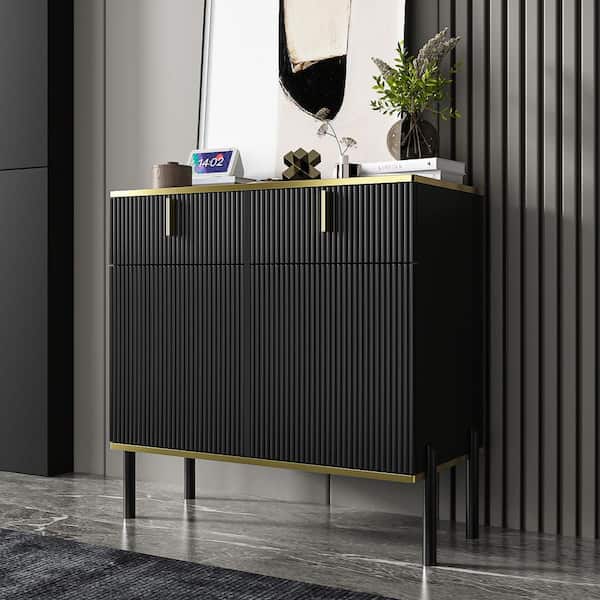 Black Wooden 31.4 in. W MDF Sideboard, Storage Cabinet with 2 Drawers, 2 Doors, 4 Doors and Vertical Wavy Front Surface