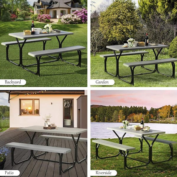 Green All-Weather Metal Outdoor Picnic Table Bench Set with Metal Base Wood