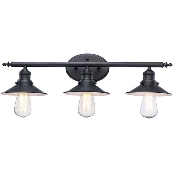 Glenhurst 25 in. 3-Light Industrial Farmhouse Black Bathroom Vanity Light Fixture with Metal Shades