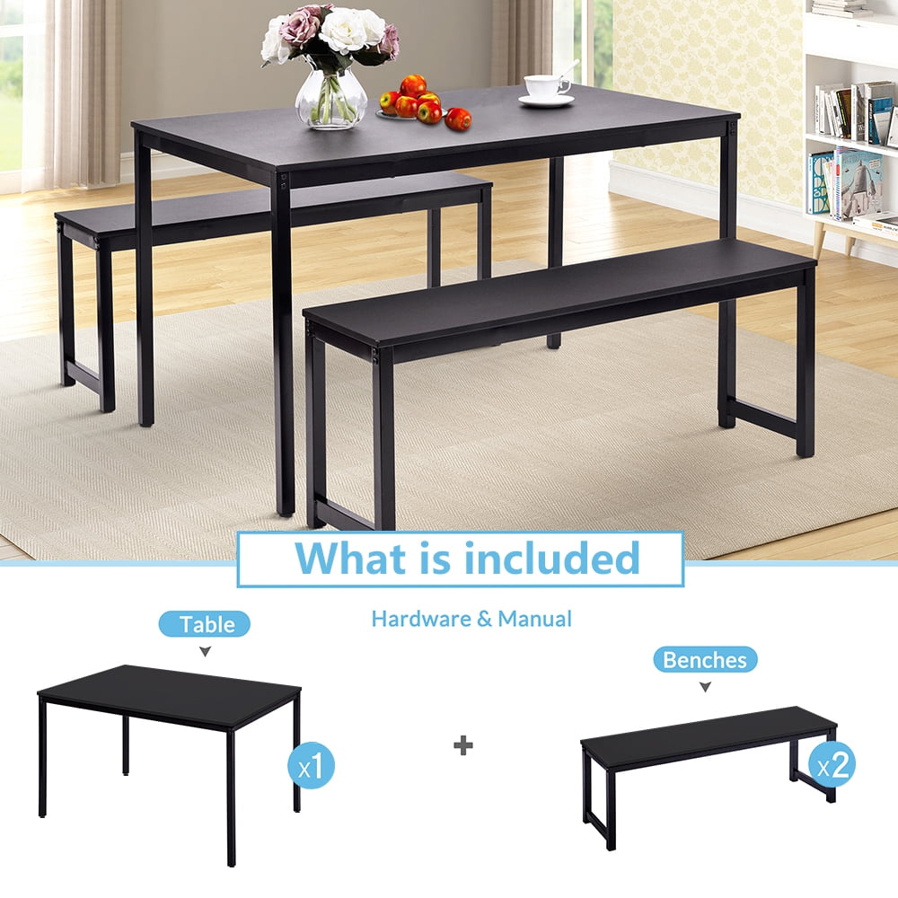 uhomepro Dining Room Table Set, 3-Piece Breakfast Nook Dining Table Set with Two Benches, Dining Room Table Set Kitchen Table Set with Metal Frame, Modern Furniture for Home Cafeteria, Black