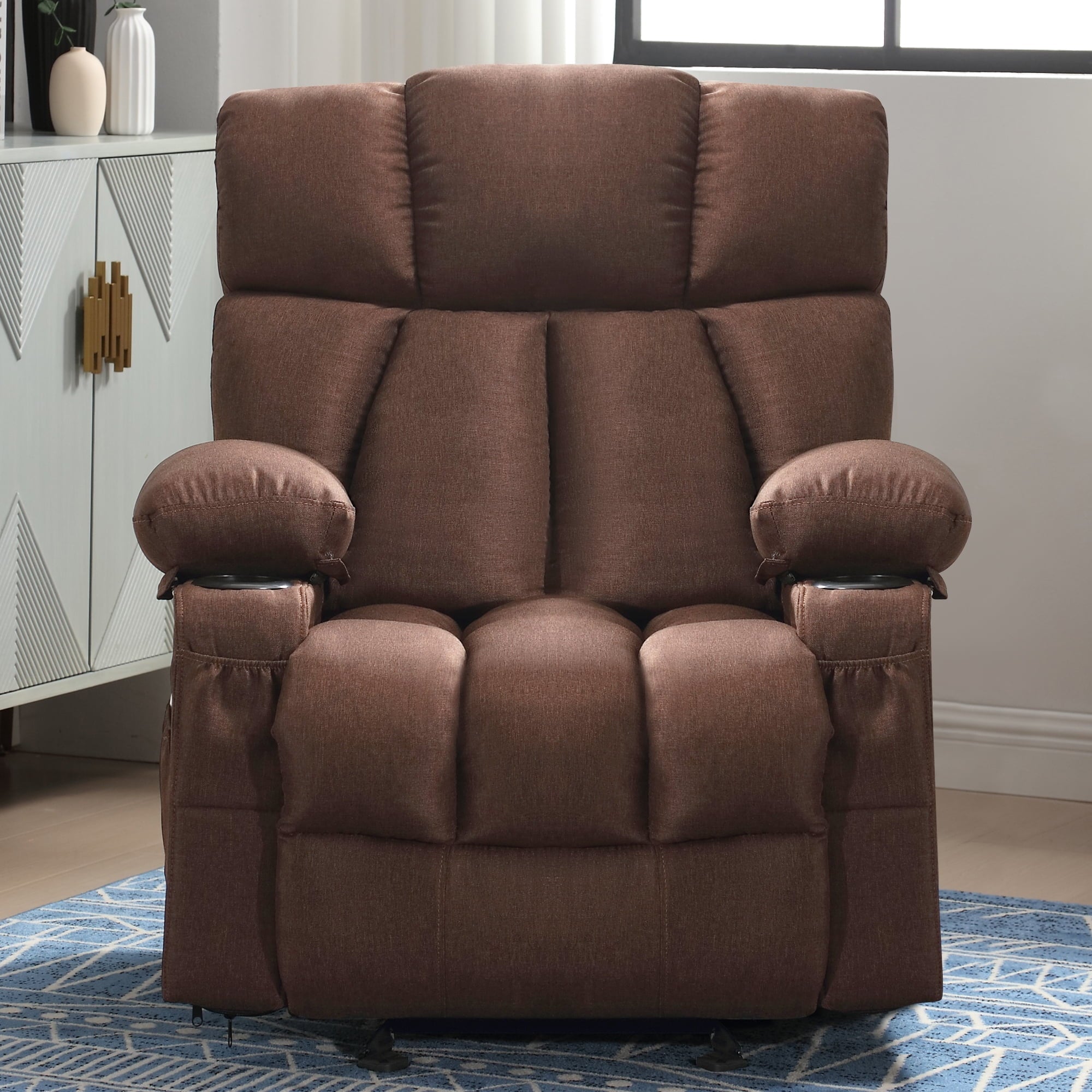 JONPONY Manual Recliner Chair with Heat Therapy and Massage Function, Heavy Duty Reclining Mechanism Massage Chair, Elderly Single Rocker Sofa with Cup Holders for Bedroom Home Theater,Brown