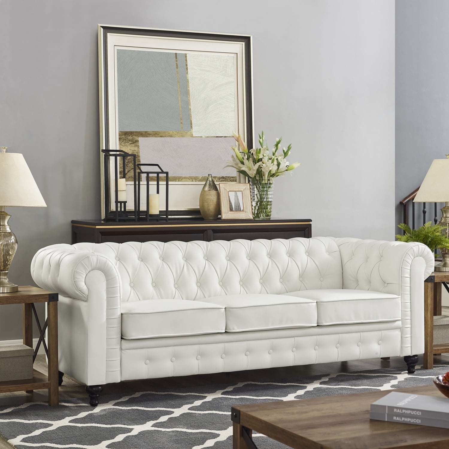 Naomi Home Emery Chesterfield Sofa & Accent Chair with Rolled Arms, Tufted Cushions, White