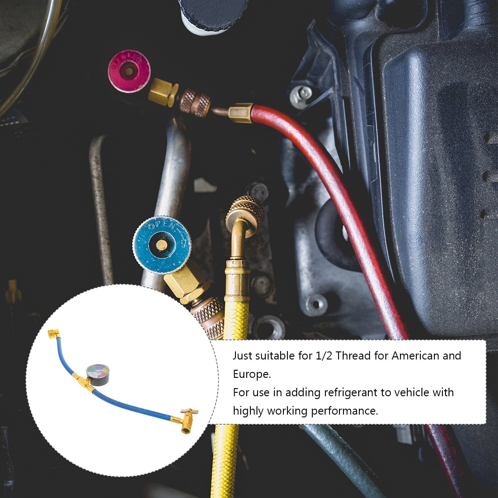 Car AC Refrigerant Charge Hose Kit Recharge Hose with Gauge,A/C 1/2 Recharge Measuring Kit Can Tap Air Conditioning Pressure Gauge
