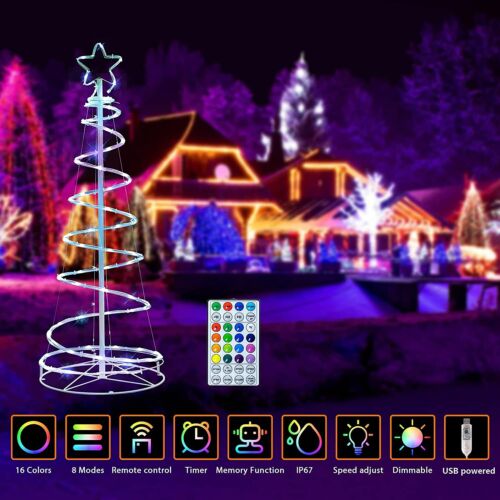 6ft Spiral Christmas Tree Lights 16 Color LED Lighted w/Remote Indoor Xmas Decor