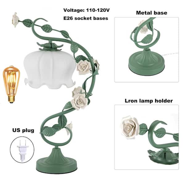 20.5 in. Green Retro Rose Glass Gooseneck Desk Lamp with White Bent Glass Shade