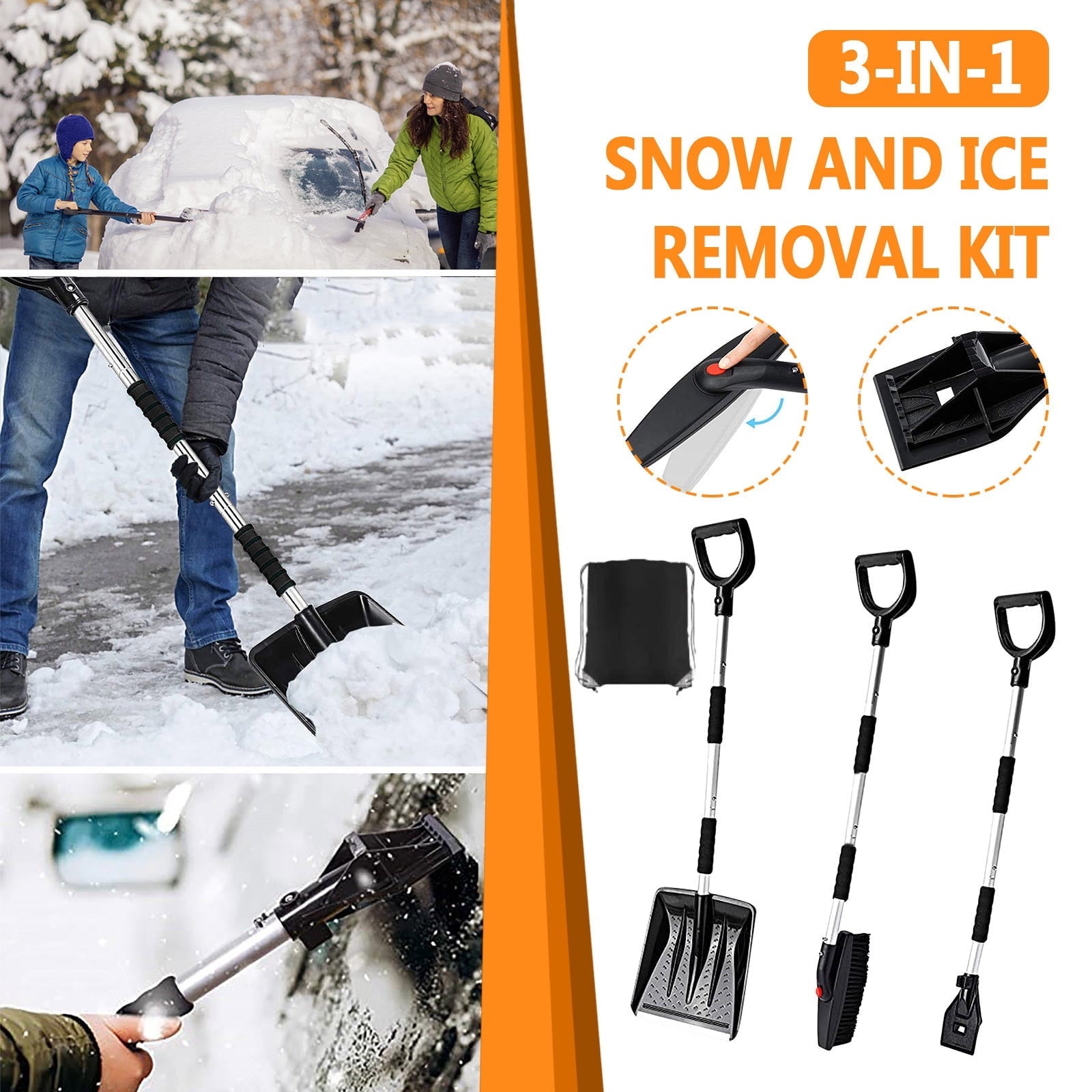 Dengmore 3 In 1 Snow Removal Kit Multifunctional Portable Detachable Snow Removal Tool Silver
