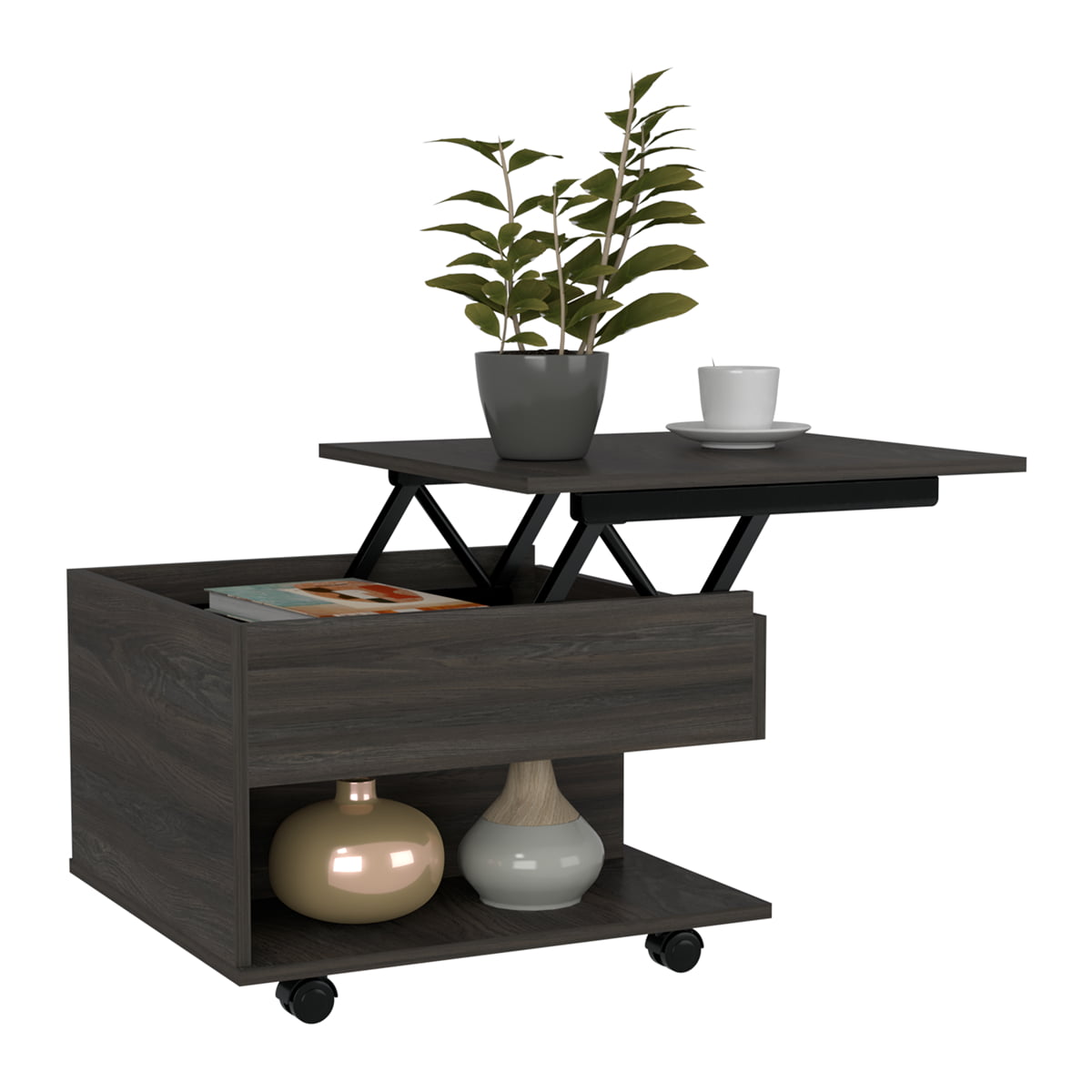 Cterwk Lift Top Coffee Table, Casters, 1 Shelf, Dark Brown