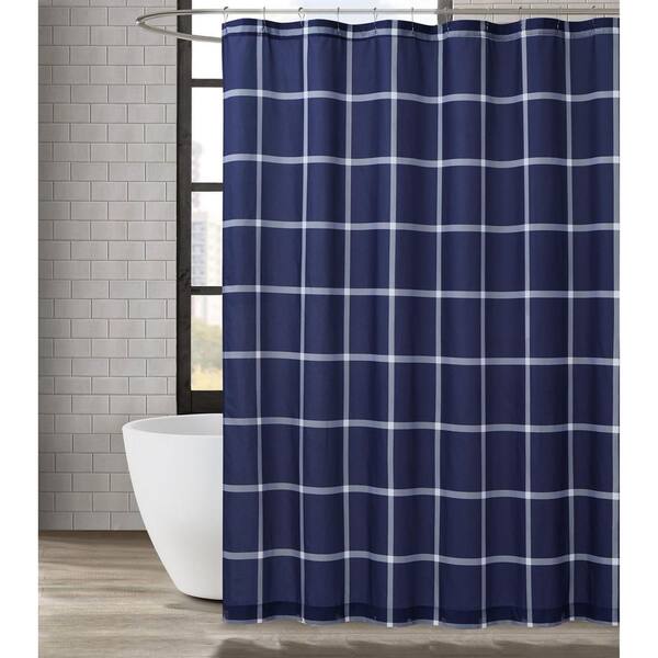 Printed Windowpane 72 in. White/Navy Shower Curtain
