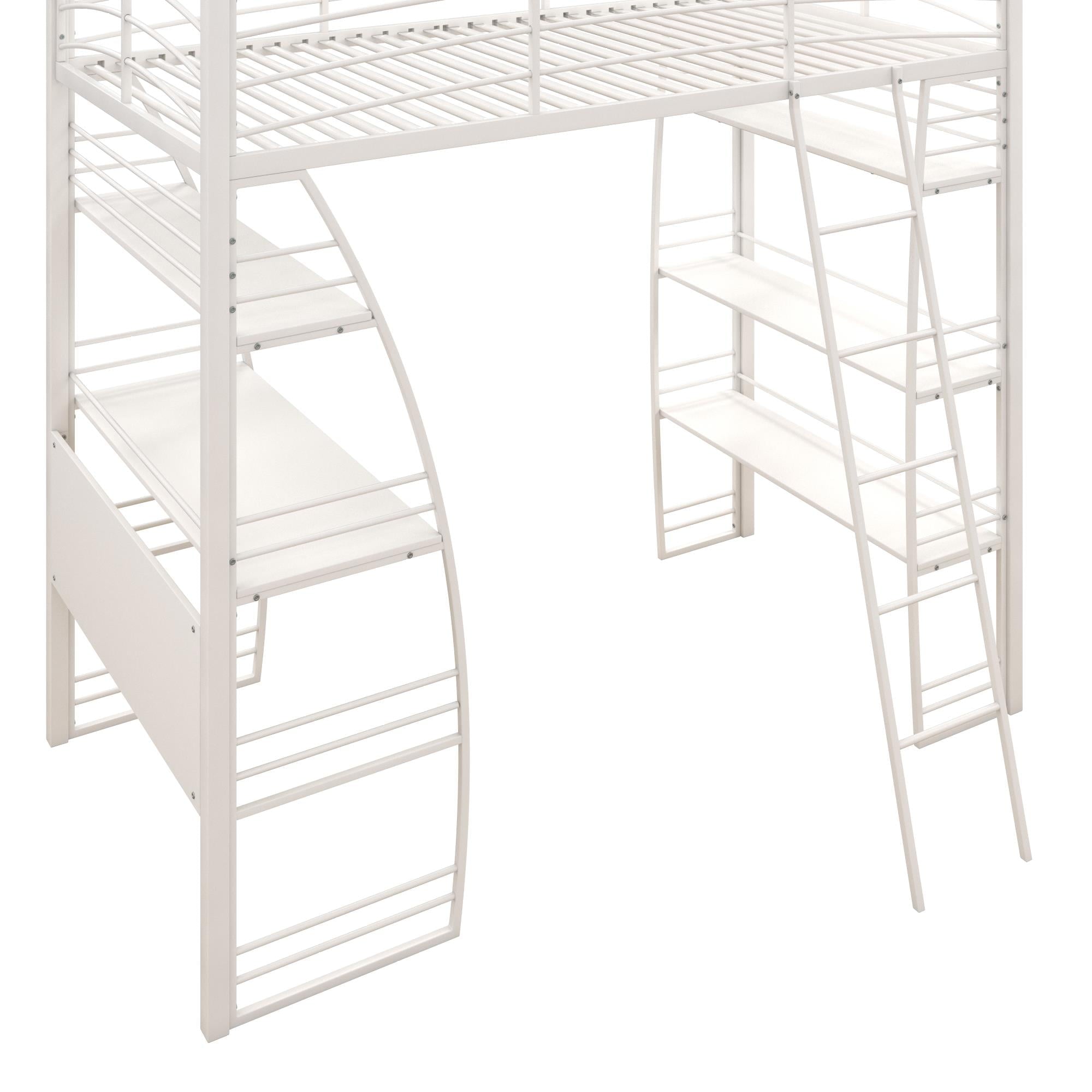 DHP Sage Studio Twin Metal Loft Bed with Integrated Desk and Shelves, Off White