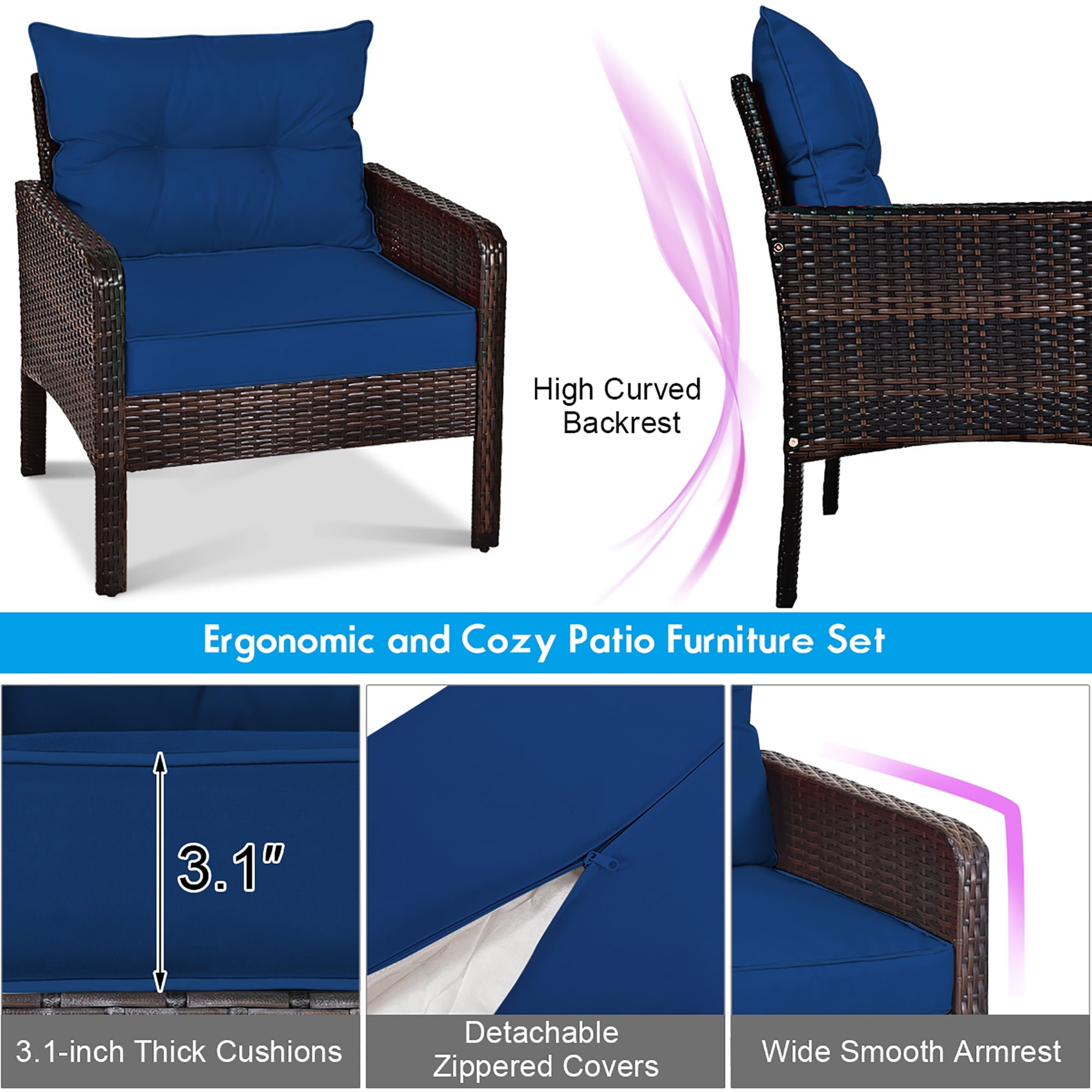 Costway 5 PCS Patio Rattan Wicker Furniture Set Sofa Ottoman Coffee Table Cushioned Navy