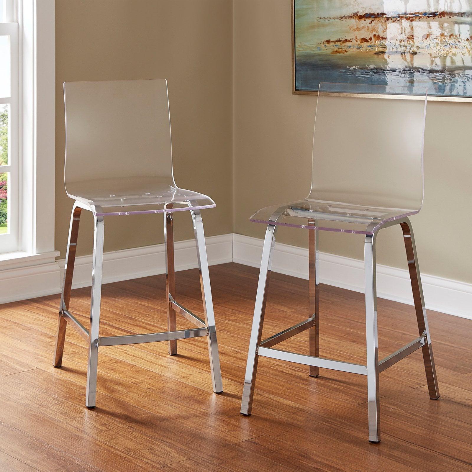 Chelsea Lane Acrylic and Chrome Swivel Stool, Set of Two, Counter Height