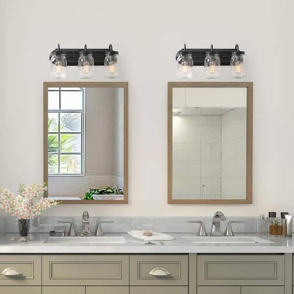 Modern Farmhouse Black Vanity Light 3-Light Rustic Bathroom Powder Room Wall Sconce with Clear Mason Jar Glass Shades