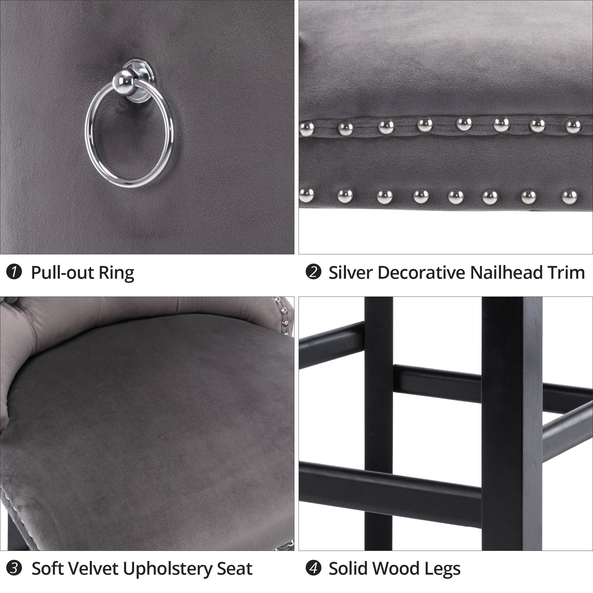 Velvet Bar Stools Set of 2, Upholstered Counter Height Bar Chair with Rivet and Button Trim, Bar Stool with Back and Footrest, for Dining Room, Kitchen, Pub, Gray