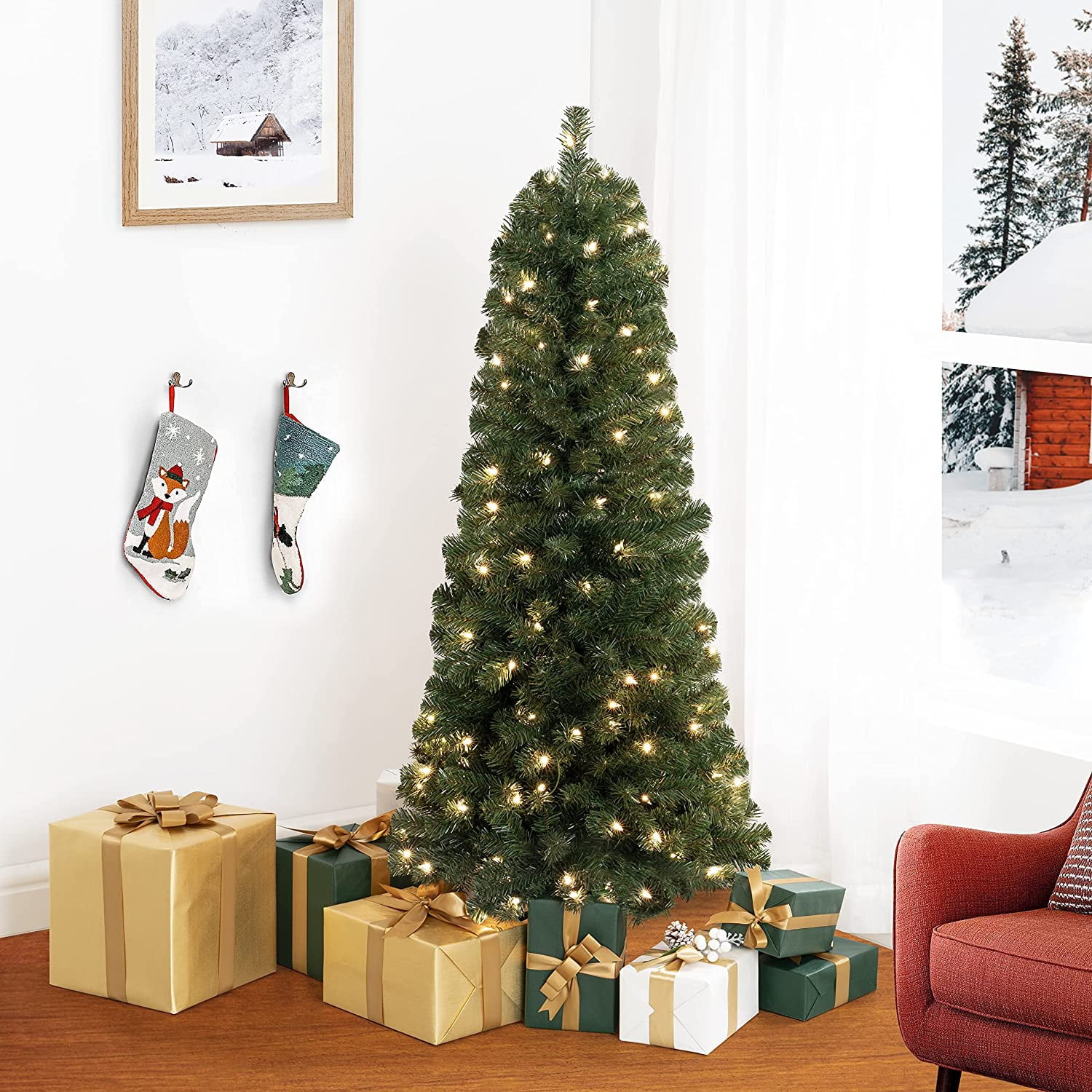 Vienna 4.5ft Prelit Slim Artificial Christmas Tree with 444 Branch Tips, 150 Warm Lights and Metal Stand, 25