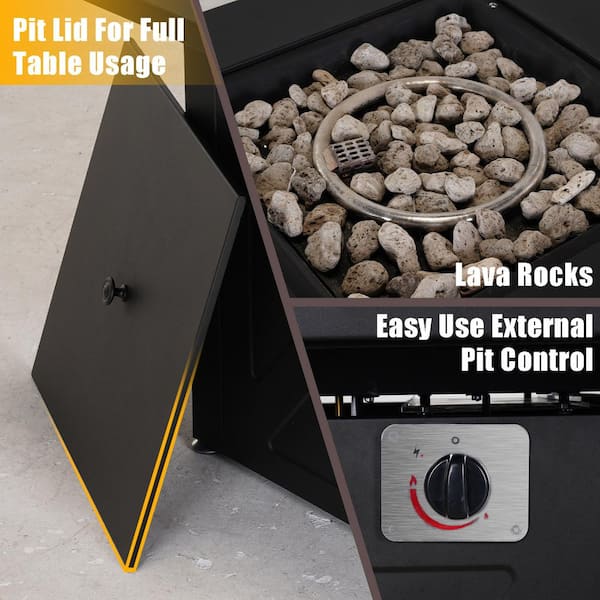 24.5 in. Black Square Metal Propane Fire Pit Table with Volcanic Stone and ETL-Certified