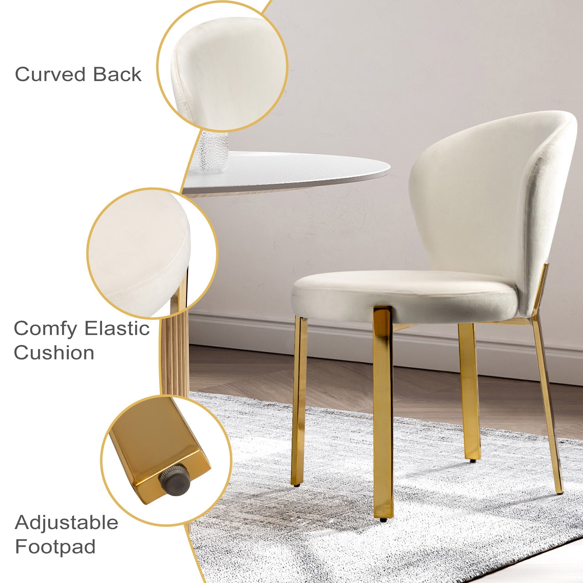 WELLET Velvet Dining Chairs, Upholstered Gold Legged, Set of 2, Cream