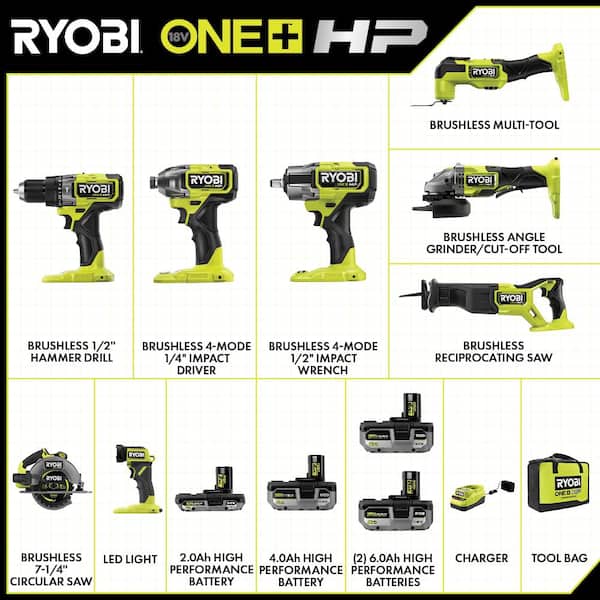 ONE+ HP 18V Brushless Cordless 8-Tool Combo Kit w/ Batteries, Charger, & Bag w/ FREE (2) 6.0 HIGH PERFORMANCE Batteries